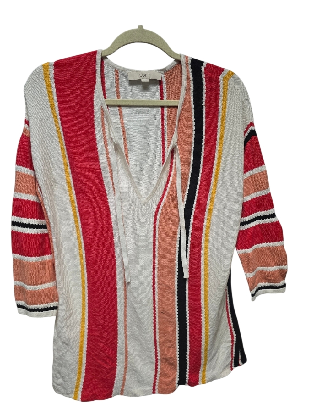 LOFT Striped V-Neck Tie Sweater in White, Red, Coral and Yellow Sz. M
